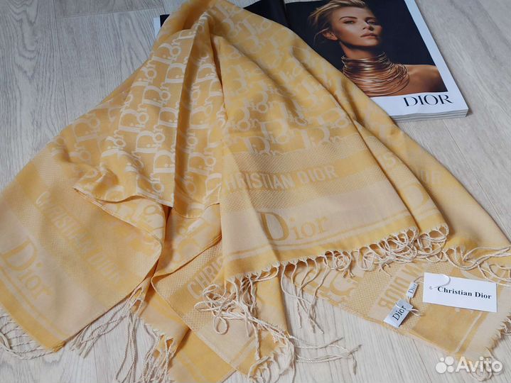 Платок 100/100 Christian Dior с кистями жёлтый 9цв