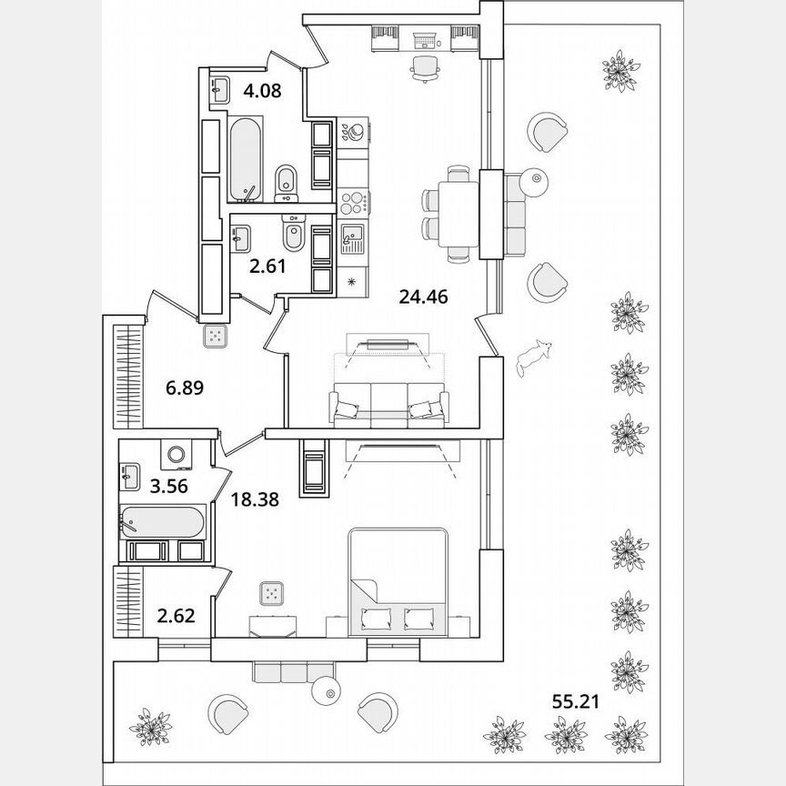 2-к. квартира, 54,3 м², 16/22 эт.
