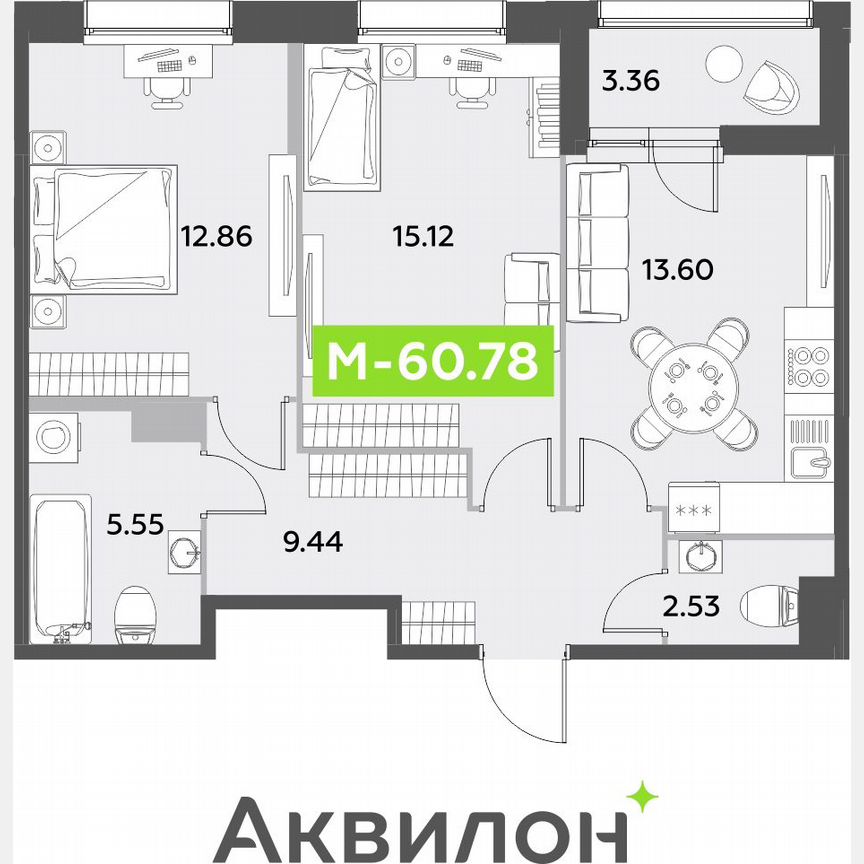 2-к. квартира, 60,8 м², 12/12 эт.