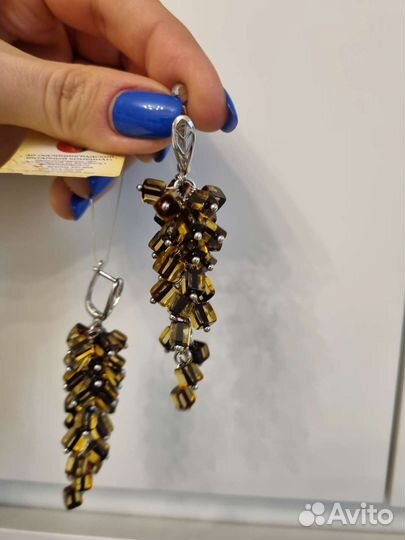 Серьги серебро янтарь новые