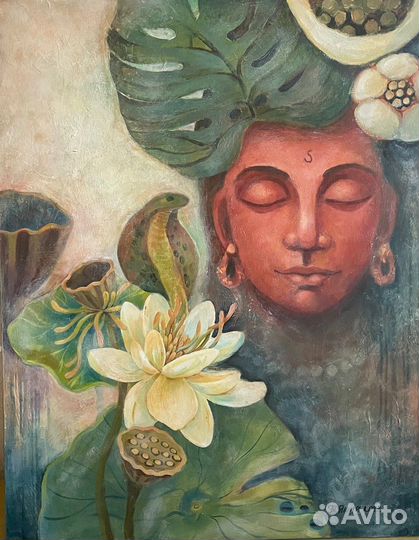 Большая интерьерная картина Махадев Будда Лотосы