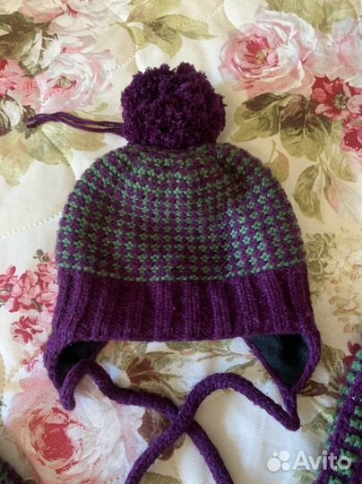 Детский Вязаный комплект, шапка, снуд, варежки