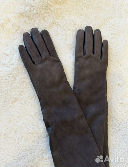 Перчатки длинные кожа/замш (темно коричневые)