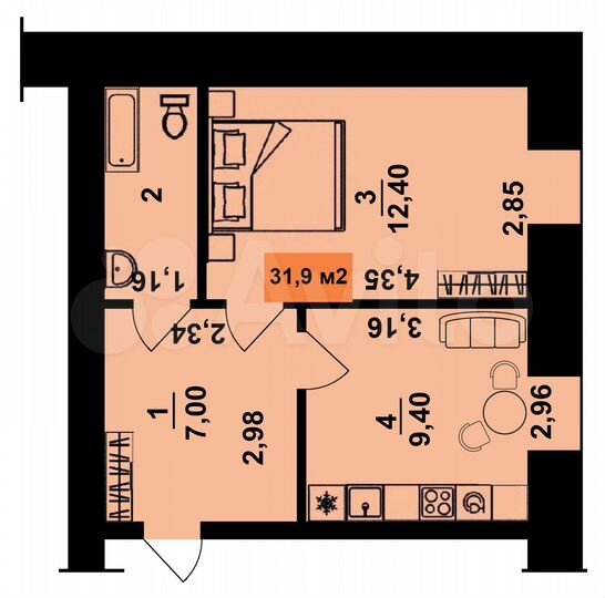 1-к. квартира, 31,9 м², 2/2 эт.