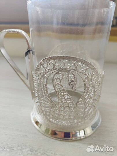Серебряный подстаканник скань филигрань Лебедь