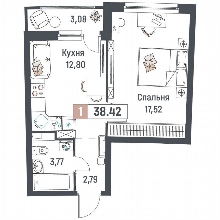 1-к. квартира, 38,4 м², 2/18 эт.