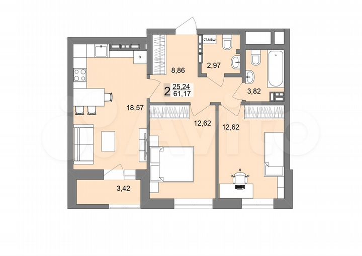 2-к. квартира, 60,7 м², 21/26 эт.