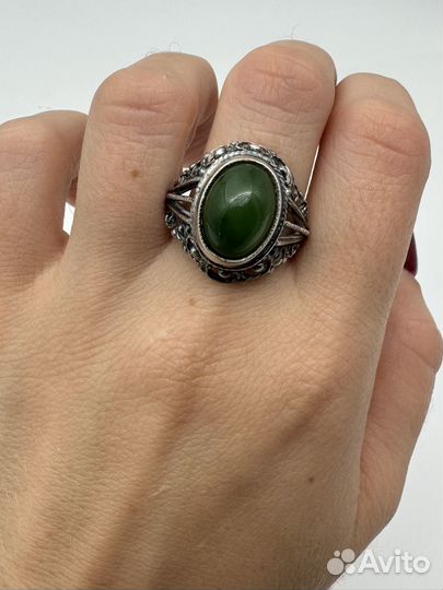 Кольцо/перстень серебро 875 СССР нефрит скань