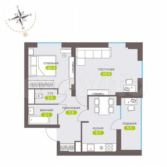 2-к. квартира, 54,3 м², 10/15 эт.