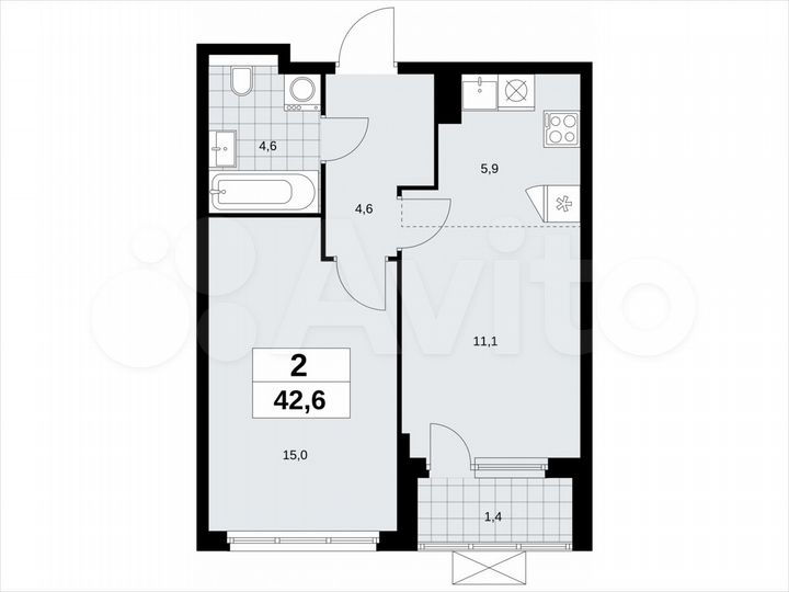 2-к. квартира, 42,6 м², 16/19 эт.