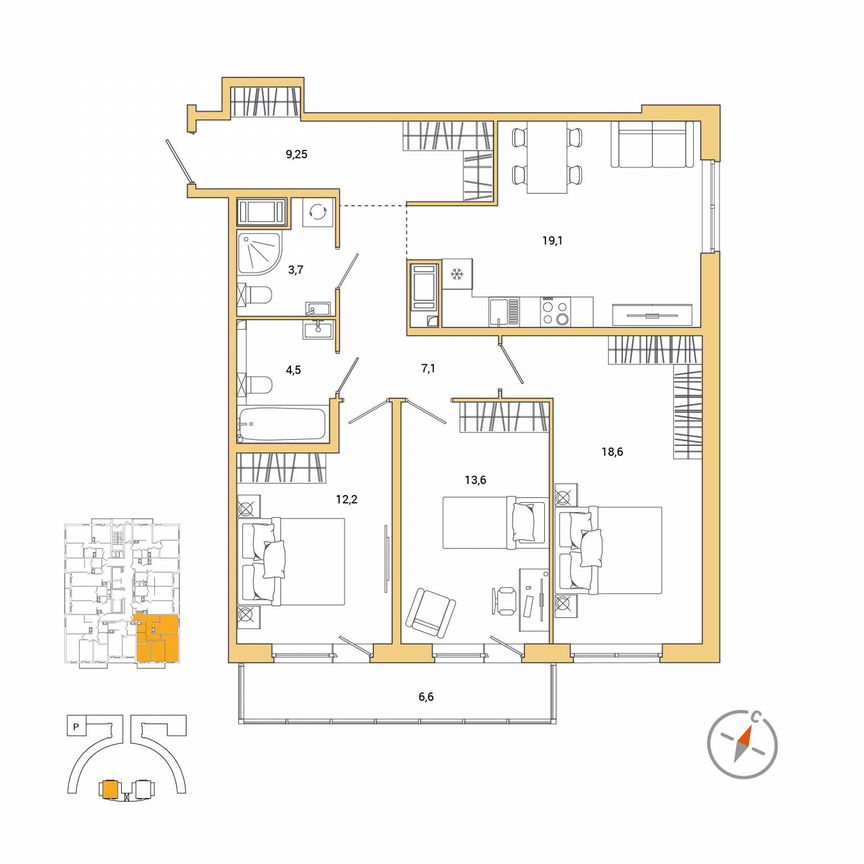 3-к. квартира, 90 м², 10/25 эт.