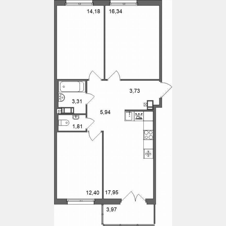 3-к. квартира, 76,9 м², 3/5 эт.