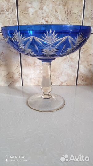 Ваза для фруктов на ножке синий хрусталь СССР
