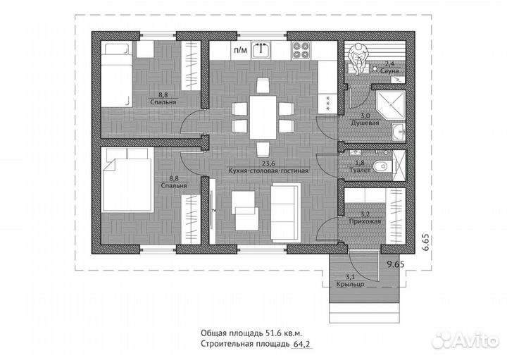 Каркасный дом под ключ 52 м²