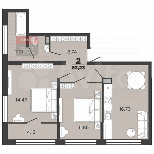 2-к. квартира, 63,2 м², 25/26 эт.