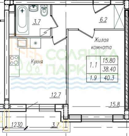 1-к. квартира, 40,3 м², 3/12 эт.