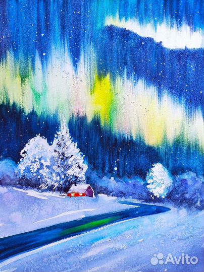 Зимний пейзаж акварелью