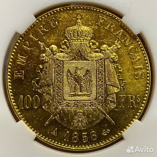 100 франков 1858 год. мс 60 слаб ннр Золото франци