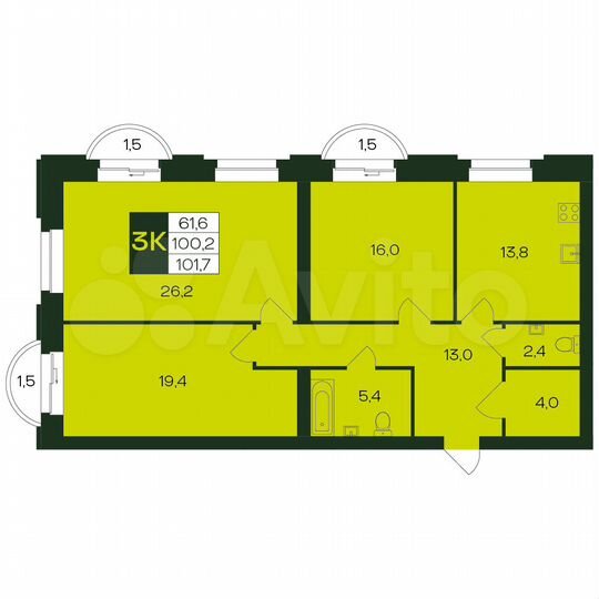 3-к. квартира, 101,7 м², 7/9 эт.