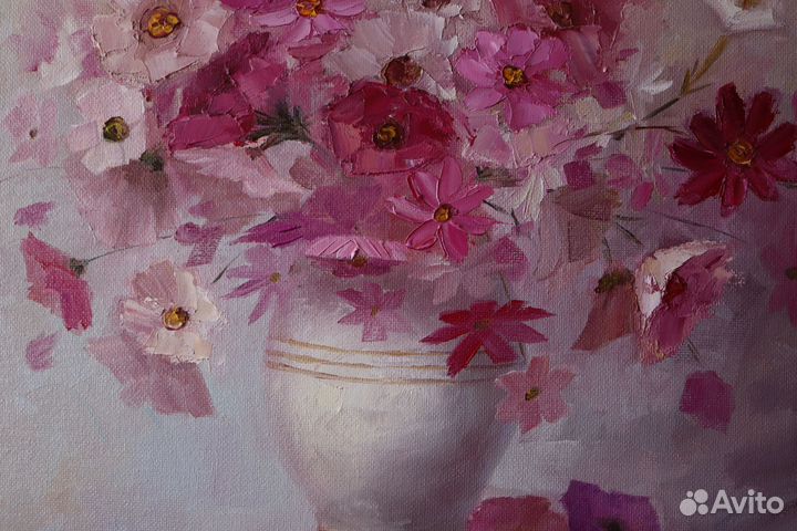 Картина маслом Цветы Фиалки и Космея 35х40см