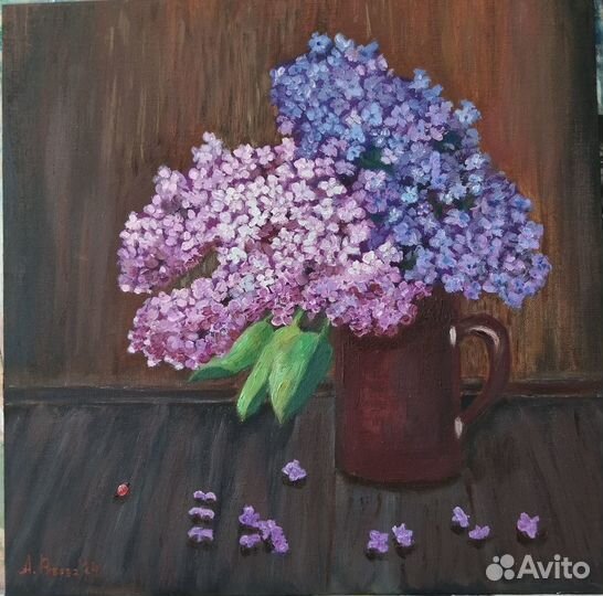 Картина маслом на холсте на картоне Сирень