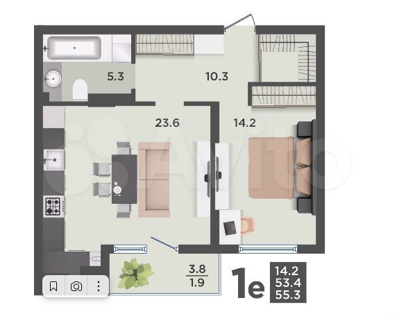 1-к. квартира, 55,3 м², 8/9 эт.