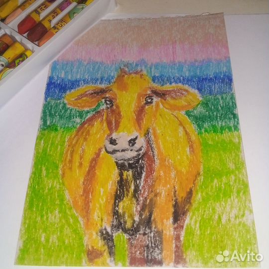 Картина пастель лето корова кухня