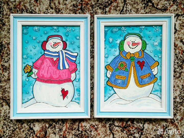 Витражные картины «Снеговички» 13*18 см в рамках