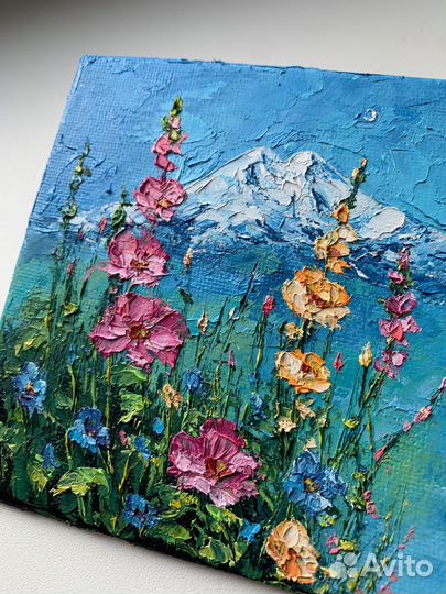 Картина гора Эльбрус розовые цветы на лугу 10*10