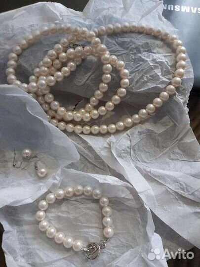 Комплект Бусы, браслет, серьги из жемчуга