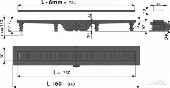 Душевой лоток AlcaPlast APZ10black-750M с решетко