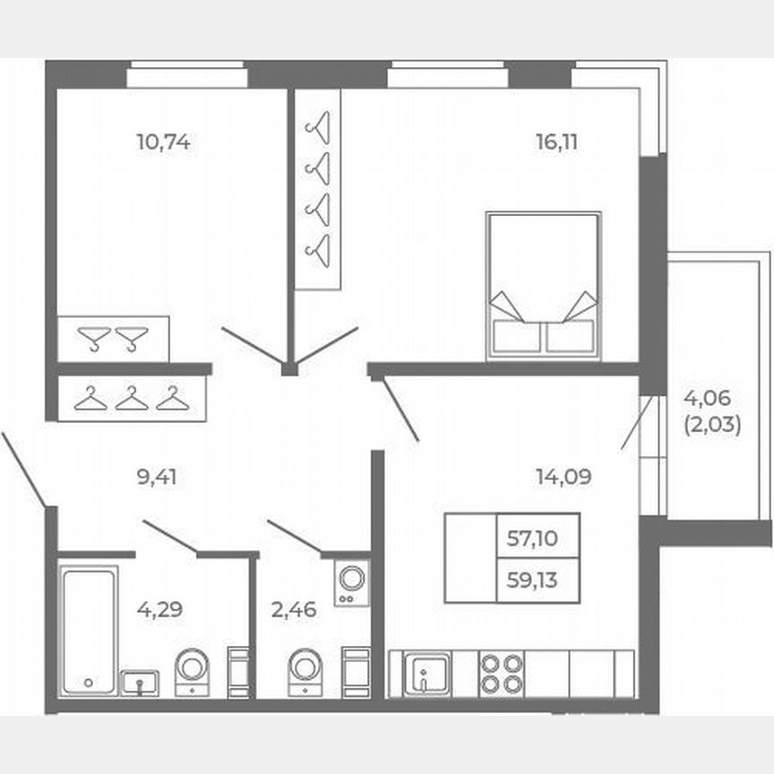 2-к. квартира, 57,1 м², 4/4 эт.