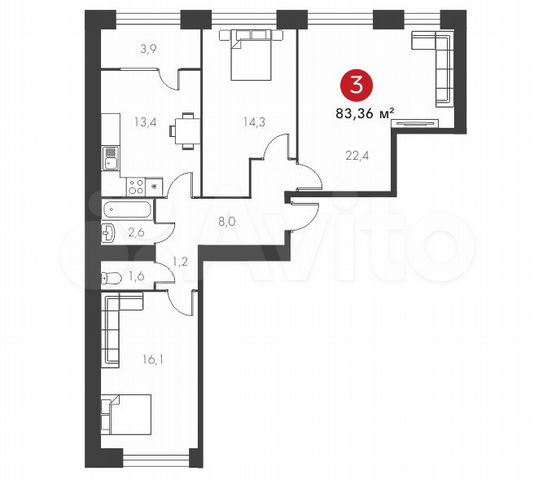 3-к. квартира, 83,4 м², 1/9 эт.