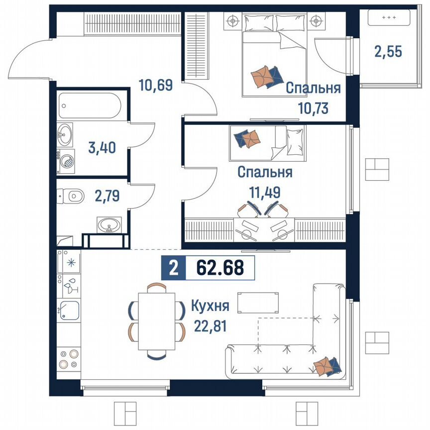 2-к. квартира, 62,7 м², 12/18 эт.