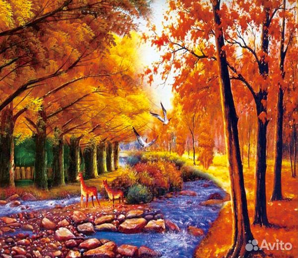 Алмазная мозаика 40x50 Косули в осеннем лесу на во