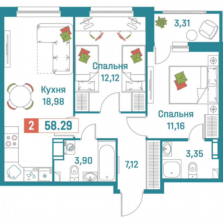 2-к. квартира, 58,3 м², 2/18 эт.