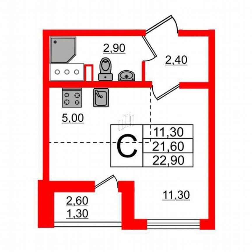 Квартира-студия, 21,6 м², 5/25 эт.