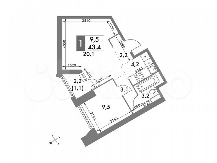 2-к. квартира, 43,4 м², 36/47 эт.