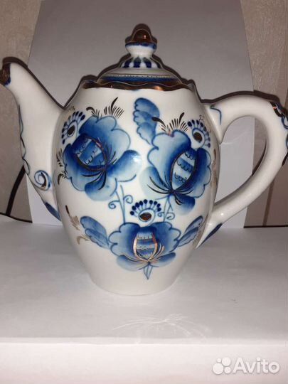 Гжель винтажная посуда в золоте