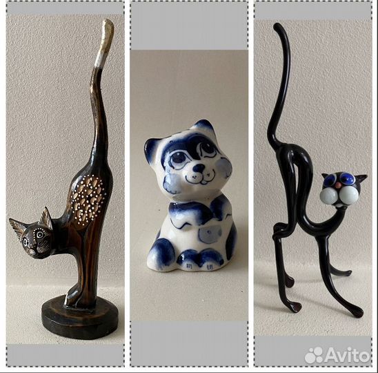 Статуэтка кошка дерево, фарфор, стекло