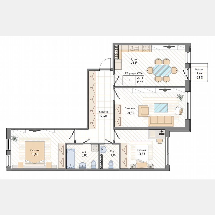 3-к. квартира, 95,7 м², 7/9 эт.