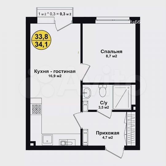 1-к. квартира, 34,1 м², 4/4 эт.