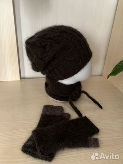 Комплект шапка с косами+шарфик+митенки пух норки