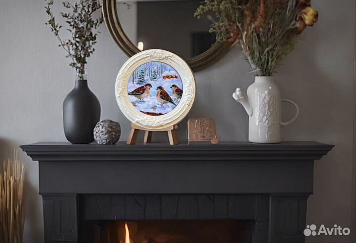 Воробушки Картина маслом в гипсовой раме. Птицы