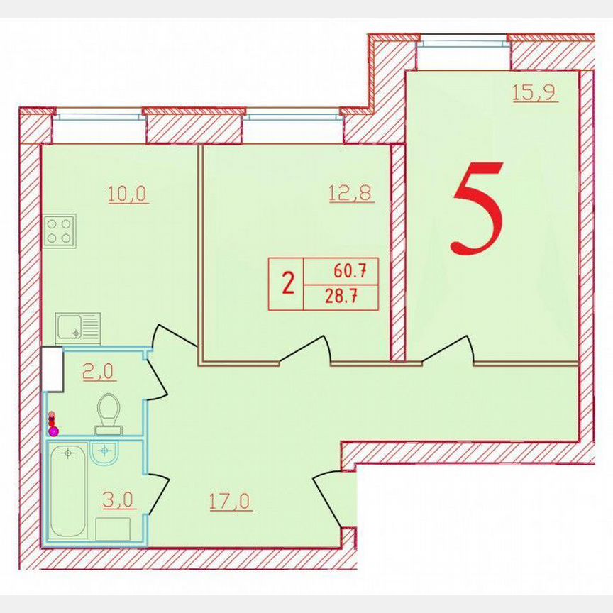 2-к. квартира, 60,7 м², 1/9 эт.