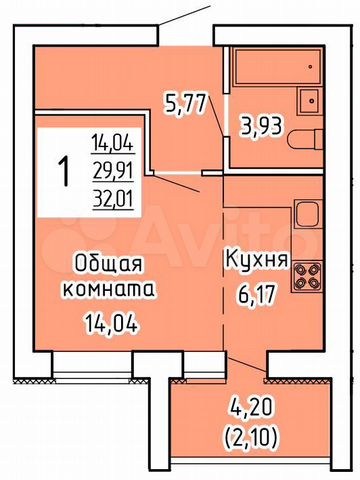 1-к. квартира, 32 м², 1/9 эт.