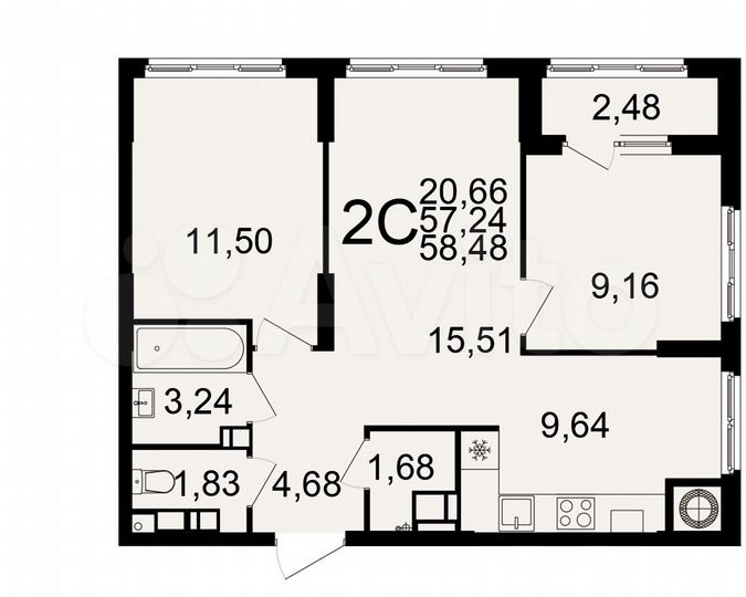 2-к. квартира, 58,5 м², 2/25 эт.