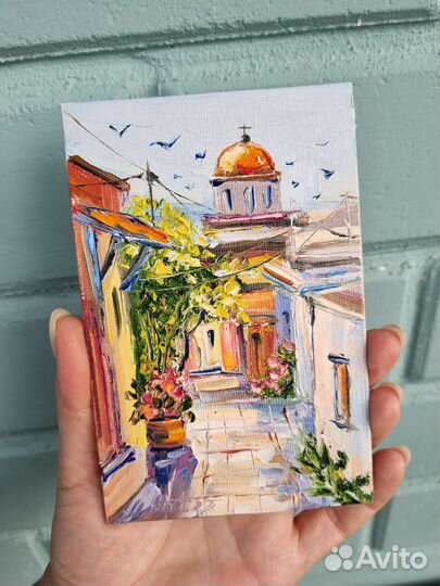 Картина маслом пейзаж Греции Улочки дома 15х10 см