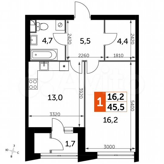 1-к. квартира, 45,5 м², 16/43 эт.