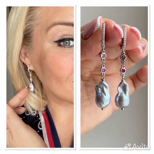 Серьги с серым барочным жемчугом